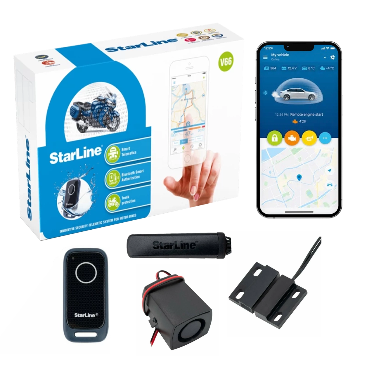 Alarmă moto Smart StarLine V66, Senzor de soc, modul blocare motor, IP68, Bluetooth 5.0